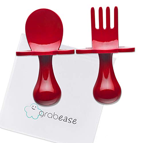 Product Cover Grabease First Training Self Feed Baby Utensils - Anti-Choke, BPA-Free Baby Spoon and Fork Toddler Utensils with Pouch Set - Toddler Silverware for Baby Led Weaning Ages 6 Months+ (Red)