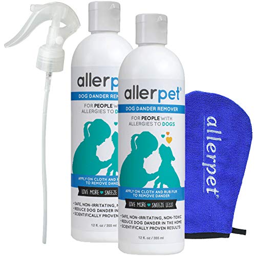 Product Cover Allerpet 2-Pack Dog Allergy Relief - Best Pet Dander Remover for Allergens - Ditch Your Allergy Shampoo - 100% Non-Toxic & Safe for Pets, Good for Fur & Skin + Bonus Applicator Mitt & Sprayer