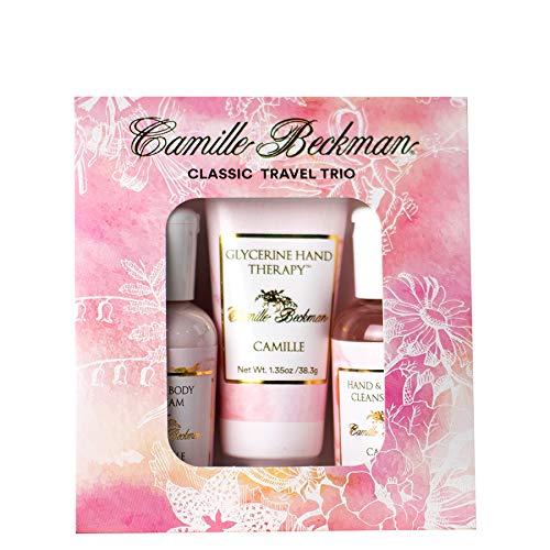 Product Cover Camille Beckman Classic Collection Travel Trios, Camille, Glycerine Hand Therapy 1.35 oz, Silky Body Cream 2 oz, Hand & Shower Cleansing Gel 2 oz