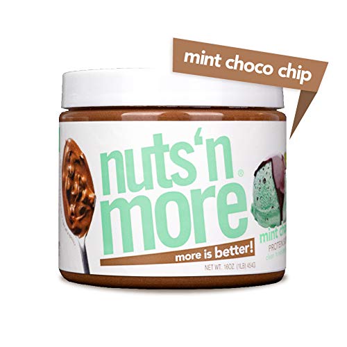 Product Cover Nuts 'N More Mint Chocolate Chip Peanut Butter Spread, All Natural High Protein Nut Butter Healthy Snack, Omega 3's, Antioxidants, Low Carb, Low Sugar, Gluten-Free, Non-GMO, no preservatives,16 oz Jar