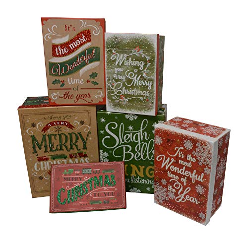 Product Cover Christmas Gift Boxes Nested with lids, Decorative Holiday Prints in Assorted Small Medium and Large Sizes and Colors (Christmas Kraft, 6-Count)
