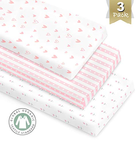 Product Cover 3 Pack GOTS Certified Organic Cotton Changing Pad Covers or Cradle Sheet for Girl, with Safety Strap Holes