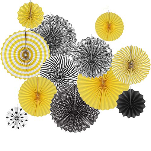 Product Cover Set of 12 Black Yellow Bee Party Decoration Hanging Paper Fan Paper Pompoms Backdrop for Bumblebee Bee Baby Shower Gender Reveal Birthday Party Decoration Wedding Bridal Shower Centerpieces Home Decor
