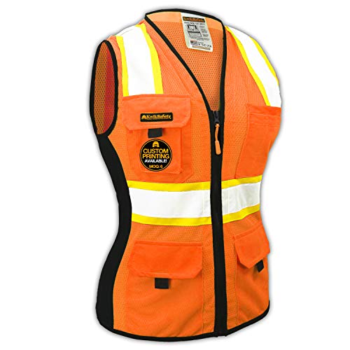 Product Cover KwikSafety (Charlotte, NC) FIRST LADY Safety Vest for Women | Class 2 ANSI OSHA PPE | High Visibility Heavy Duty Mesh Pockets Zipper | Hi-Vis Construction Work Hi-Vis Surveyor Female | Orange Small
