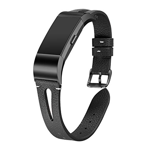 Product Cover bayite Leather Bands Compatible Fitbit Charge 2, Replacement Genuine Wristband Straps Women Men, Black with Black Connector Small