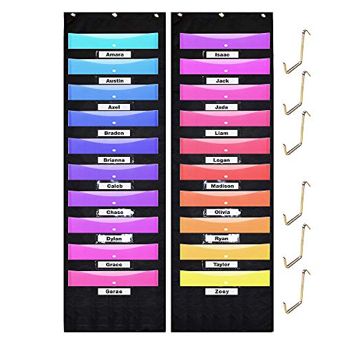 Product Cover Pack of 2 Wall Storage Pocket Charts with 10 Pockets 6 Over Door Hangers File Organizer - Organize Your Assignments, Classroom Files, Scrapbook Papers & More (Black)