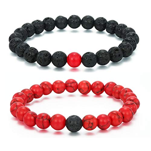 Product Cover MengPa Mens Lava Rock Bracelet for Women Aromatherapy Anxiety Essential Oil Diffuser Volcanic Stone Bead Couples Bangle (Elastic-Black Lava& Red Howlite G4163B)
