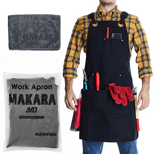 Product Cover Shop Apron - Waxed Canvas woodworking aprons for men and women with 6 Spacious Pockets - Welding Tool Apron for Work Shop with Microfiber Towel Included - Smart Straps Design - BBQ Apron Adjusts S-XXL