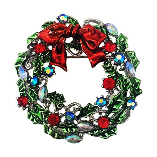 Product Cover XGALA Red Green Enamel Rhinestone Wreath Christmas Brooch Pin Silver Tone