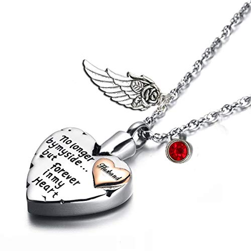 Product Cover PREKIAR Heart Cremation Urn Necklace for Ashes Angel Wing Jewelry Memorial Pendant and 12 PCS Birthstones No Longer by My Side But Forever in My Heart (Husband)