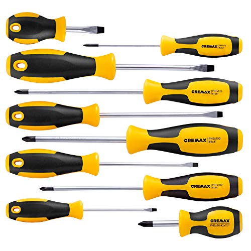 Product Cover Magnetic Screwdriver Set 10 PCS, CREMAX Professional Cushion Grip 5 Phillips and 5 Flat Head Tips Screwdriver Non-Slip for Repair Home Improvement Craft
