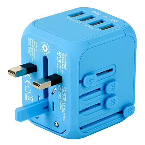 Product Cover Upgraded Universal Travel Adapter, Castries All-in-one Worldwide Travel Charger Travel Socket, International Power Adapter with 4 USB Ports, AC Plug for Over 150 Countries, Travel Accessories, Blue