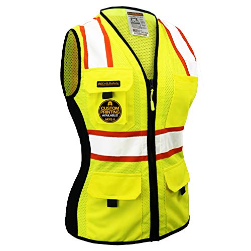 Product Cover KwikSafety (Charlotte, NC) FIRST LADY Safety Vest for Women | Class 2 ANSI OSHA PPE | High Visibility Heavy Duty Mesh Pockets Zipper | Hi-Vis Construction Work Hi-Vis Surveyor Female | Yellow Medium