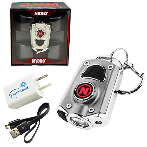 Product Cover NEBO Mycro 400 Lumen USB Rechargeable Keychain Pocket Flashlight Bundle with Lumintrail USB Wall Adapter (Silver)