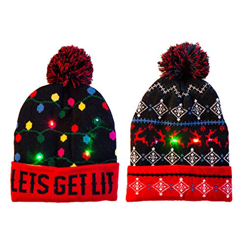 Product Cover 2 Pack LED Light-up Knitted Beanie Ugly Sweater Holiday Christmas Beanie Hat Knit Cap (Battery Included with 3 Flashing Modes)