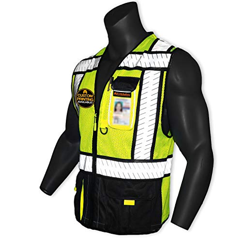 Product Cover KwikSafety (Charlotte, NC) SPECIALIST (Multi-Use Pockets) Class 2 ANSI High Visibility Reflective Safety Vest Heavy Duty Solid/Mesh and with zipper HiVis Construction Surveyor Work Mens Black LARGE