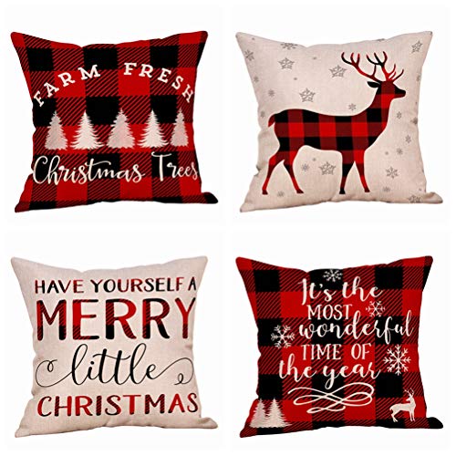 Product Cover 4 Pack Farmhouse Christmas Red Black Buffalo Plaids Throw Pillow Case Have Yourself A Merry Little Christmas Quotes Deer Snowflake Xmas Trees Holiday Decorative Cushion Cover Cotton Linen 18x18 Inch