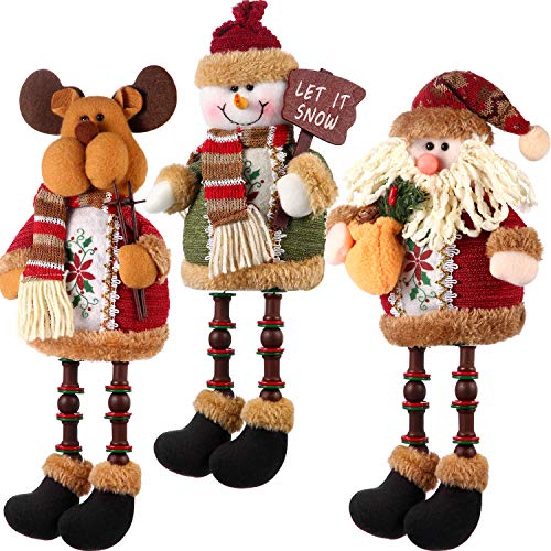 Product Cover Sumind 3 Pieces Christmas Sitting Santa Claus Snowman Reindeer Christmas Ornament Long Legs Table Fireplace Decor Home Decoration Christmas Figurines Plush