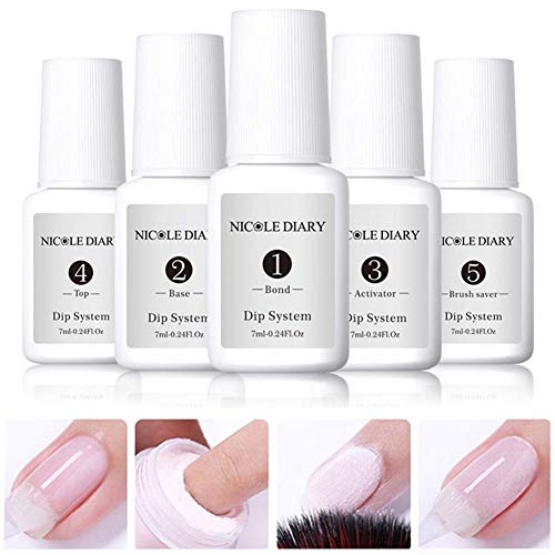 Product Cover NICOLE DIARY 7ml Dipping Nail Powder System Liquid Clear Full System Set of Liquids with Bond,Base,Activator,Top,And Brush Saver Nail Art Manicure Gel Polish No UV Lamp Needed