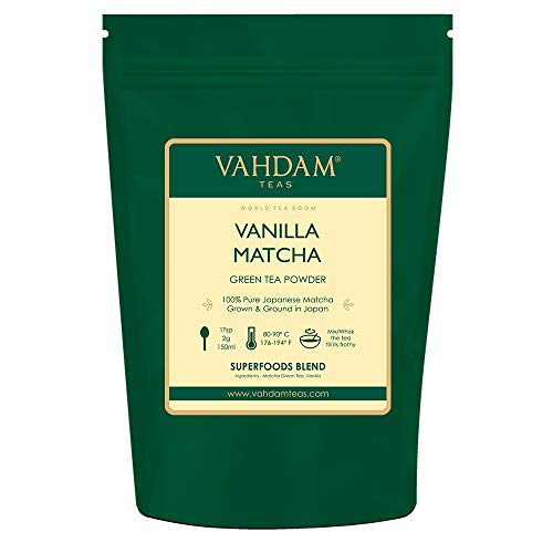 Product Cover VAHDAM, Vanilla + Matcha Green Tea Powder - Brew Delicious Vanilla Matcha Latte | Powerful SUPERFOODS Blend | Japanese Matcha Powder with 100% Natural Vanilla | 137x Anti-OXIDANTS, 1.76oz (25 Cups)