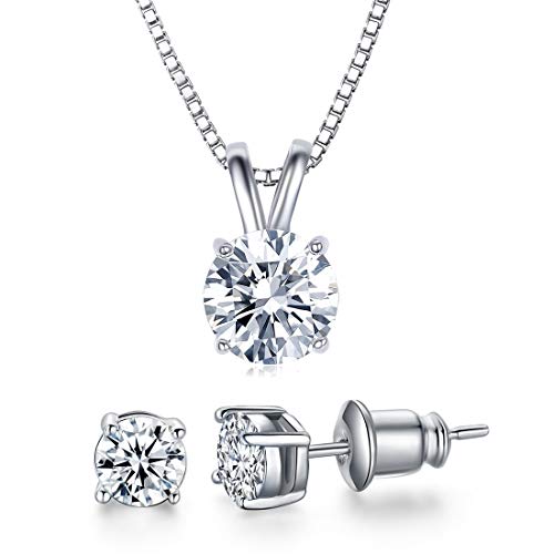 Product Cover UMODE 18K White Gold Plated Cubic Zirconia Jewelry Set for Women-2 Carat CZ Solitaire Pendant Necklace and 2X0.5 Carat CZ Stud Earrings