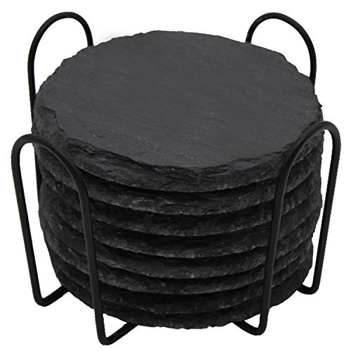 Product Cover GOH DODD Drink Coasters with Holder, 8 Pieces Round Slate Stone Coasters 4 Inch Handmade Coasters for Bar and Home, Black