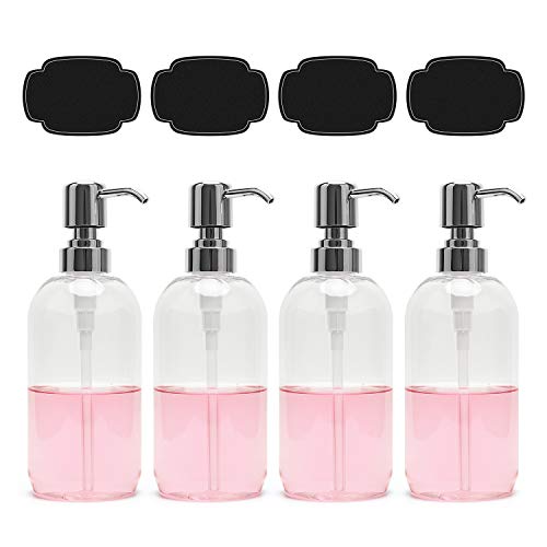 Product Cover ULG Hand Soap Dispensers 16oz 4 Pack BPA Free Plastic Clear Empty Liquid Soap Bottles with Chrome Pump, Boston Round Lotion Dispensers for Kitchen Bathroom Countertop