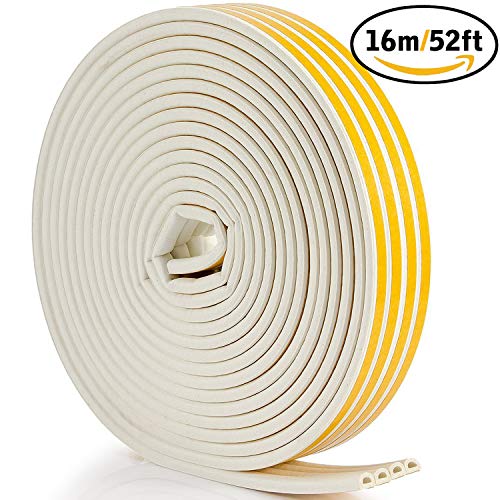 Product Cover Seal Weather Stripping White - 52Feet/16meter Epdm Foam Seal Strip by Savina, Anti-Collision Self Adhesive. Best Weatherstrip for Door/Window - 4 Seal (D Type - White)