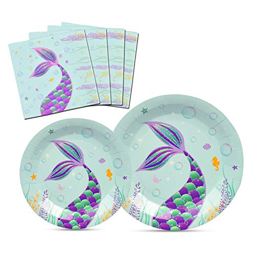 Product Cover WERNNSAI Mermaid Party Supplies Kit - Mermaid Themed Party Pack Bundle for Kids Girls Pool Birthday Party Baby Shower Wedding Mermaid Dinner Dessert Plates Napkins Serves 16 Guests 48 Pieces