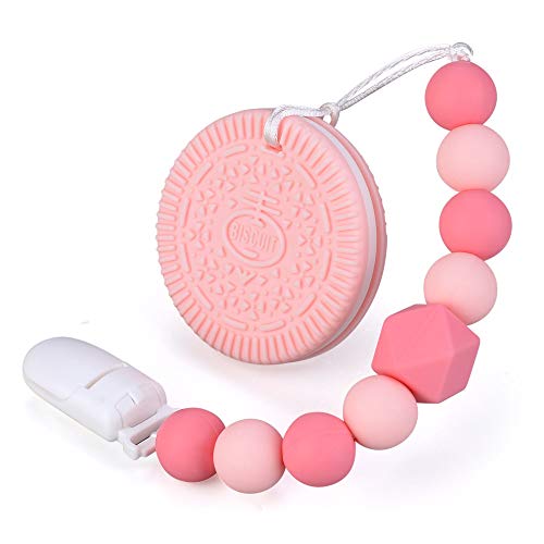 Product Cover Baby Teething Toys BPA Free Silicone Teether Chew Egg with Pacifier Clip Cute and Effective Pain Relief Pink Cookie for Stylish Girl