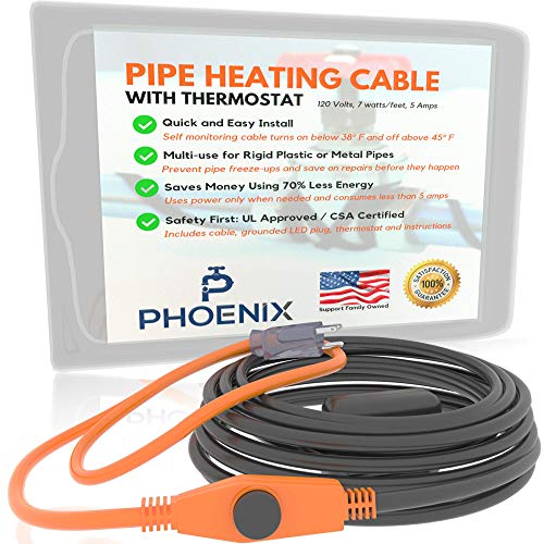 Product Cover PHOENIX CABLES USA Pro Cold Weather Valve and Water Pipe Heating Cable/Multi-use for rigid plastic or metal pipes, preventing RV hose freezing or down a gutter downspout (9 Feet)