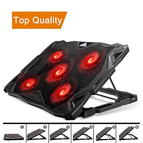 Product Cover Pccooler Laptop Cooling Pad, Laptop Cooler with 5 Quiet Red LED Fans for 12-17.3 Inch Laptop, Dual USB 2.0 Ports, Portable 6 Angle Adjustable Laptop Stand for Gaming Laptop (PC-R5)