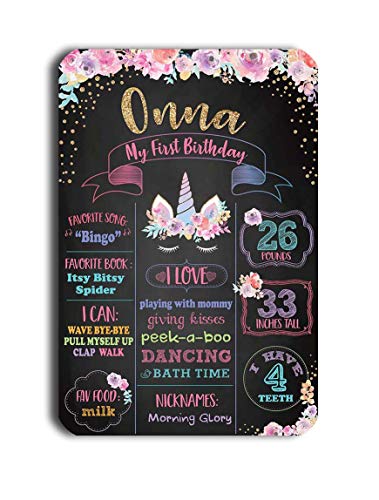Product Cover TJ Reusable Easy Clean Metal Tin Unicorn Party Theme My First Birthday Chalkboard Style Sign Wall Decoration Signs 8'' x 12''- Customizable with Liquid Chalk Markers