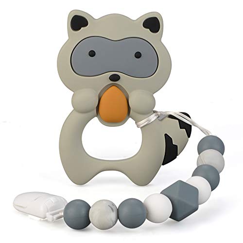 Product Cover Baby Teething Toys BPA Free Silicone Teether Chew Egg with Pacifier Clip Cute and Effective Pain Relief Raccoo for Stylish Boy or Girl