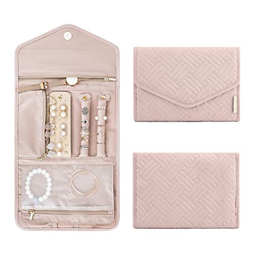 Product Cover bagsmart Travel Jewelry Organizer Roll Foldable Jewelry Case for Journey-Rings, Necklaces, Bracelets, Earrings, Soft Pink