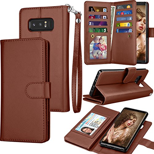 Product Cover Tekcoo Compatible for Galaxy Note 8 Wallet Case/Samsung Galaxy Note 8 PU Leather Case, Luxury ID Cash Credit Card Slots Holder Carrying Flip Cover [Detachable Magnetic Hard Case] Kickstand Brown