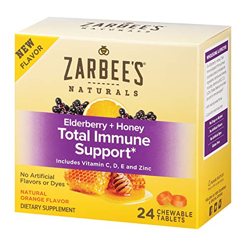 Product Cover Zarbee's Naturals Elderberry + Honey Total Immune Support, with Vitamin C, D, E and Zinc, Natural Orange Flavor, 24 Count Chewable tablets