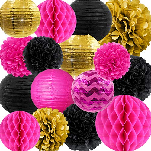 Product Cover NICROLANDEE Hen Party Decorations Hot Pink and Black Tissue Pom Poms Glitter Gold Paper Lanterns Hanging Honeycomb Ball for Wedding Bridal Shower Wall Decor Valentines Decorations