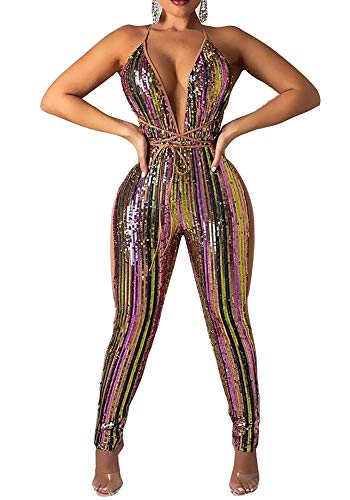 Product Cover OLUOLIN Women Sexy Sparkly Sequins Lace up Backless Deep V Neck Sleeveless Bodycon Long Jumpsuit Romper Clubwear