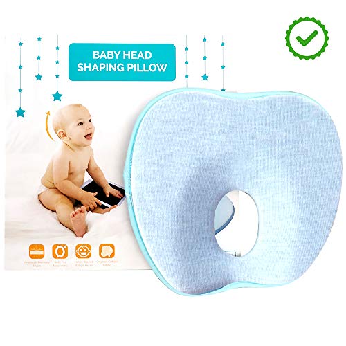 Product Cover BunzuuTM Baby Head Shaper - Ergonomic Memory Foam Pillow, Prevents and Corrects Flat Head Syndrome, w/Free Washable Organic Cotton Cover, for Age 0-12 Months, Perfect Baby Gift (Blue)