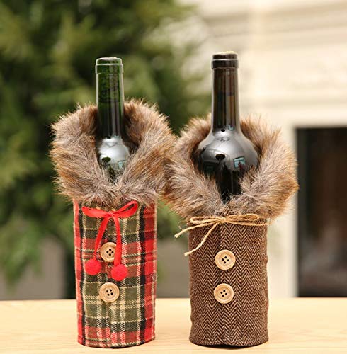 Product Cover 2pcs Christmas Sweater Wine Bottle Cover, Newest Collar & Button Coat Design Wine Bottle Sweater Wine Bottle Dress Sets Xmas Party Decorations (Style A)