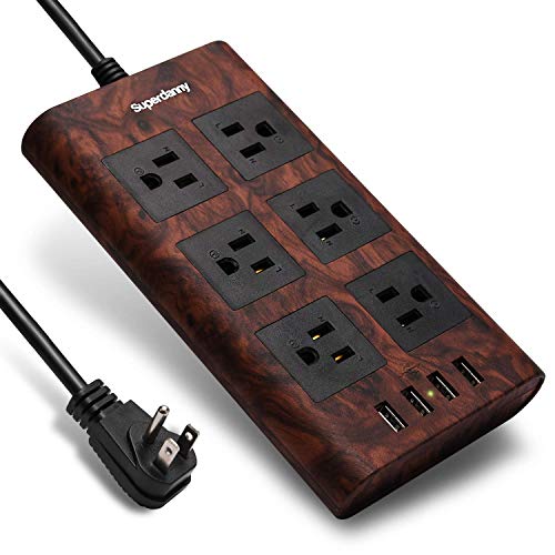 Product Cover 9.8ft 15A Extension Cord Surge Protector Power Strip SUPERDANNY Flat Plug with Fastening Cable Tie 6-Outlet 4 USB Fast Charging, Adjustable Voltage for iPhone iPad Home Office Dark Wood Grain