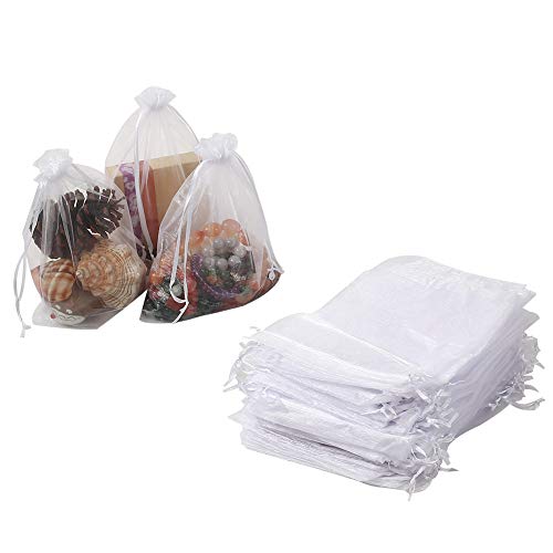 Product Cover HRX Package 100pcs Sheer Organza Bags White, 6.5 x 8.9 inches Christmas Wedding Shower Party Favors Gift Drawstring Bags Large Mesh Jewelry Pouches