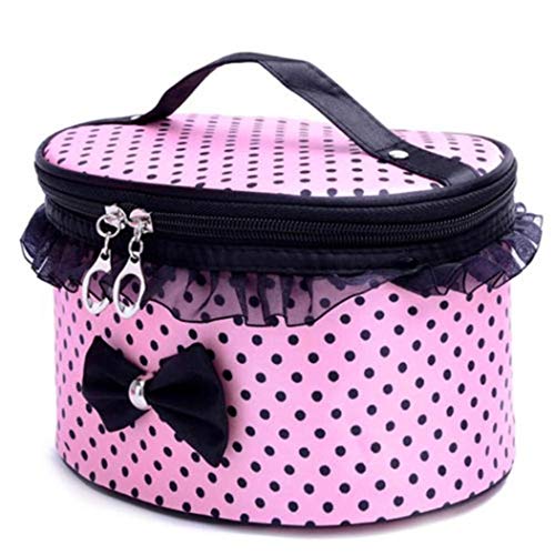 Product Cover Cloudro Cosmetic Makeup Storage,Large Portable Zipper Travel Makeup Cosmetic Bag Organizer Holder Top Handle-Dot Print with Bow Lace Decor (Pink)