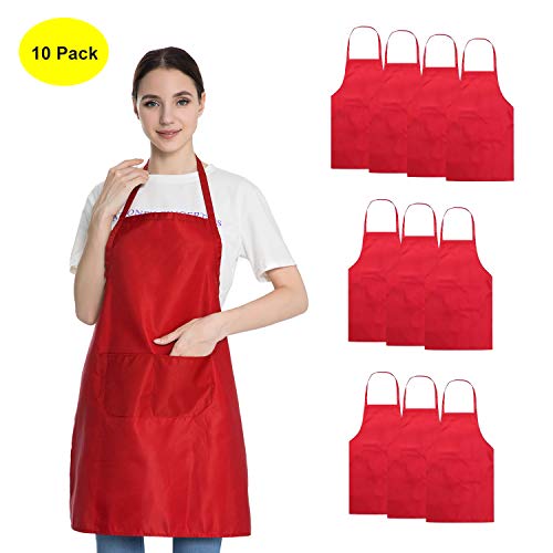 Product Cover Hi loyaya Total 10 Pcs Plain Color Bib Apron with 2 Pockets Painting Event Party BBQ Cooking Kitchen Aprons for Women Men Adults (10, Red)