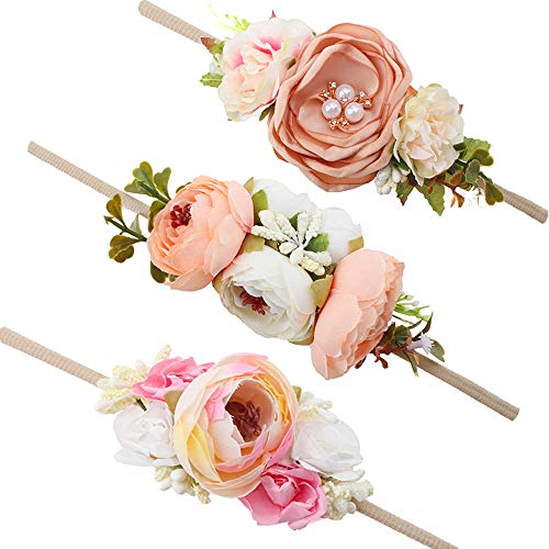 Product Cover Baby Girl Floral Headbands Set - 3pcs Flower Crown Newborn Toddler Hair Accessories by mligril, Pastel Peach, Small