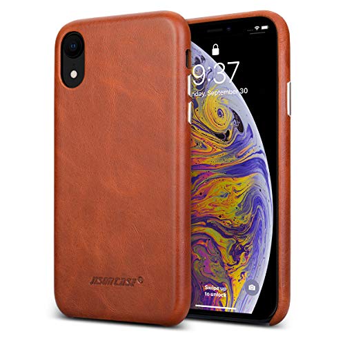 Product Cover JISONCASE iPhone XR Case Leather, Genuine XR Leather Case Shockproof Ultra Thin Protective Case, Hard Back Cover for iPhone XR 6.1 Inch, Support Wireless Charging - Brown