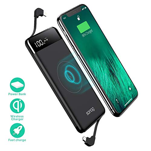 Product Cover Wireless Portable Charger, Portable Charger, SANAG 10000mAh Wireless Battery Pack with Micro USB to Type-C Adaptor QC 2.0 Ports and LED Displaly, Built in Cables for iPhone, iPad, Samsung and More