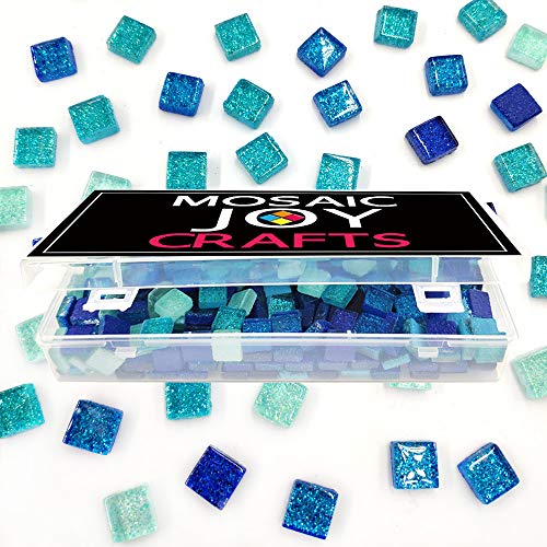 Product Cover MosaicTiles for Crafts Blue Assorted Color 320 Pieces Glass Glitter Mosaic Supplies Pieces Bulk Square Shape 0.4X0.4 Inch by Mosaic Joy (Blue, 320pcs)