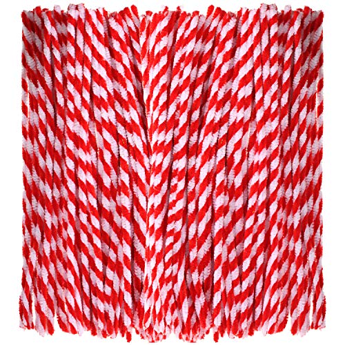 Product Cover Bememo 200 Pieces Christmas Striped Chenille Stem Art Craft Pipe Cleaners, Red with White, 6 mm by 300 mm